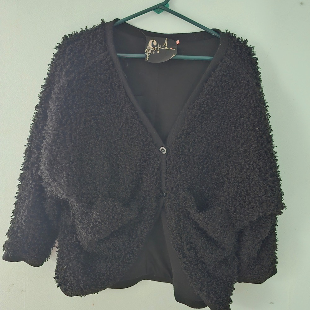 Black Boucle Knit Cardigan Sweater Cozy Textured Y2K Fall Chandelier  Size Small
